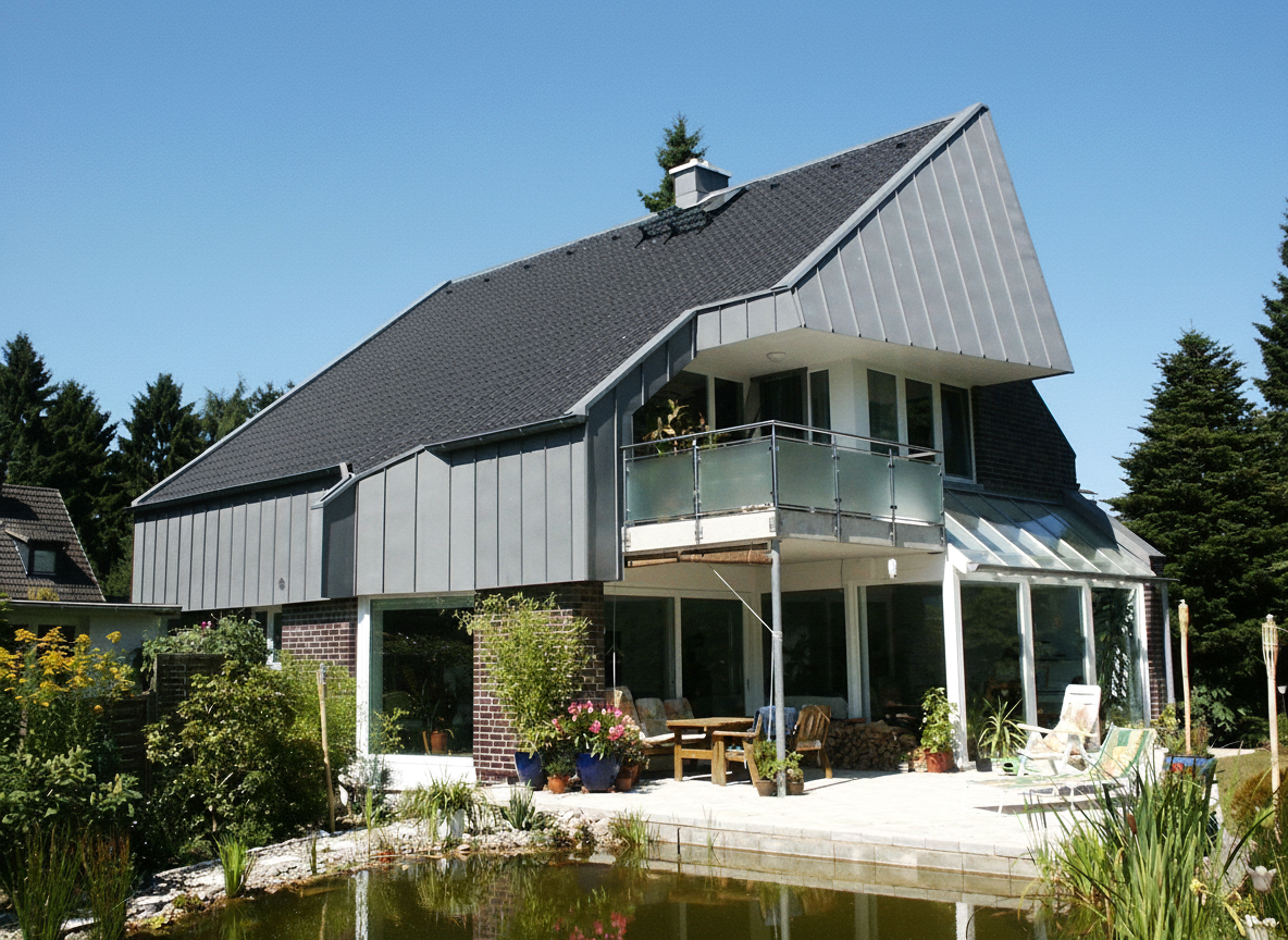 Dasselbe Wohnhaus, gebaut: Zinkdach, Glasbalkon und Gartenteich